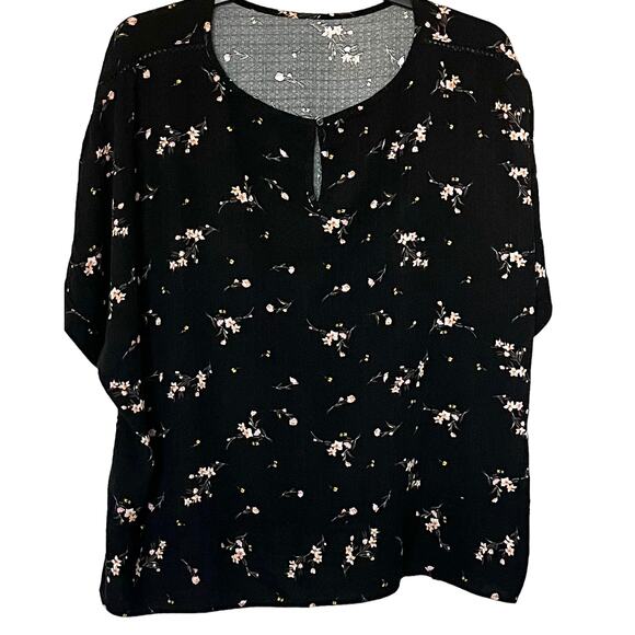 BUFFALO DAVID BITTON CAP SLEEVE BLOUSE, WOMEN, 3X, BLACK W/PINK & YELLOW FLOWERS - Picture 4 of 12